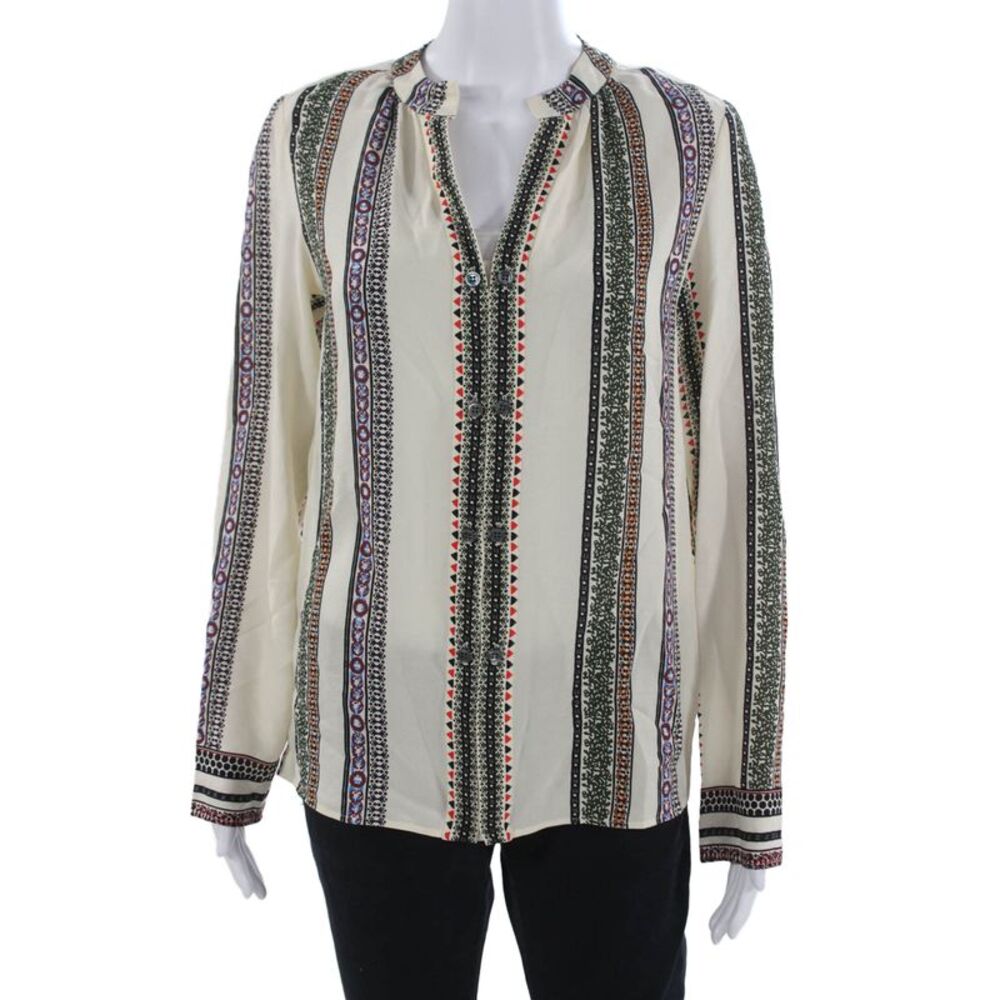 Derek Lam Womens Silk Striped V-Neck Tunic Blouse Long Sleeve Beige Size 4